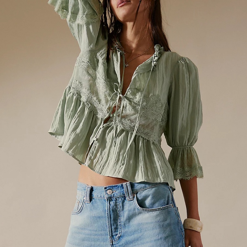 Femmes à volants nœud papillon Peplum hauts Boho pure fluide à manches courtes Blouse dentelle oeillet froufrous Babydoll t-shirts chemise Streetwear