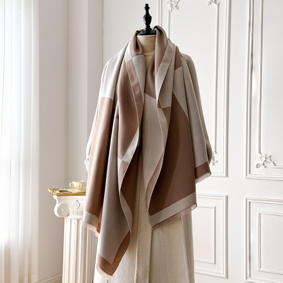 Châle Pashmina en Faux Pashmina imprimé géométrique élégant de marque 2025, à franges douces et chaudes, idéal pour l'automne et l'hiver en plein air