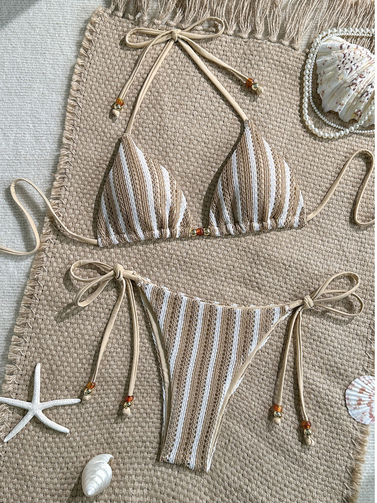 Ensemble bikini tricoté rayé et uni pour femme, collection été 2026 – Maillot de bain sexy et tendance pour les vacances à la plage
