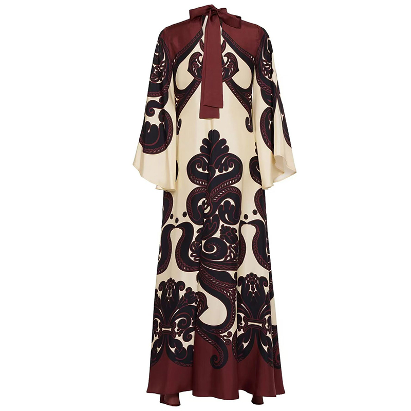Robe longue à lacets pour femmes, motif ethnique musulman imprimé, Vintage, Sexy, col en V, manches 3/4, ample, robe de soirée Maxi, printemps automne