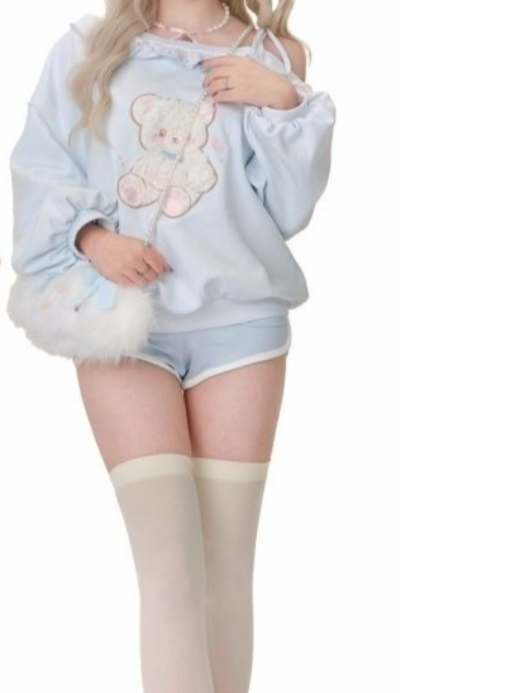 Ensemble deux pièces pour fille, style japonais kawaii, broderie, Y2k, chemise à manches longues à col asymétrique plissé, short à cordon de serrage