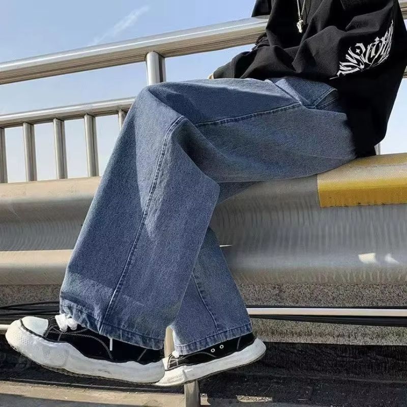Jean pour hommes Version coréenne étudiant pantalons décontractés haute rue droite ample jambe large jean noir gris bleu Baggy jean