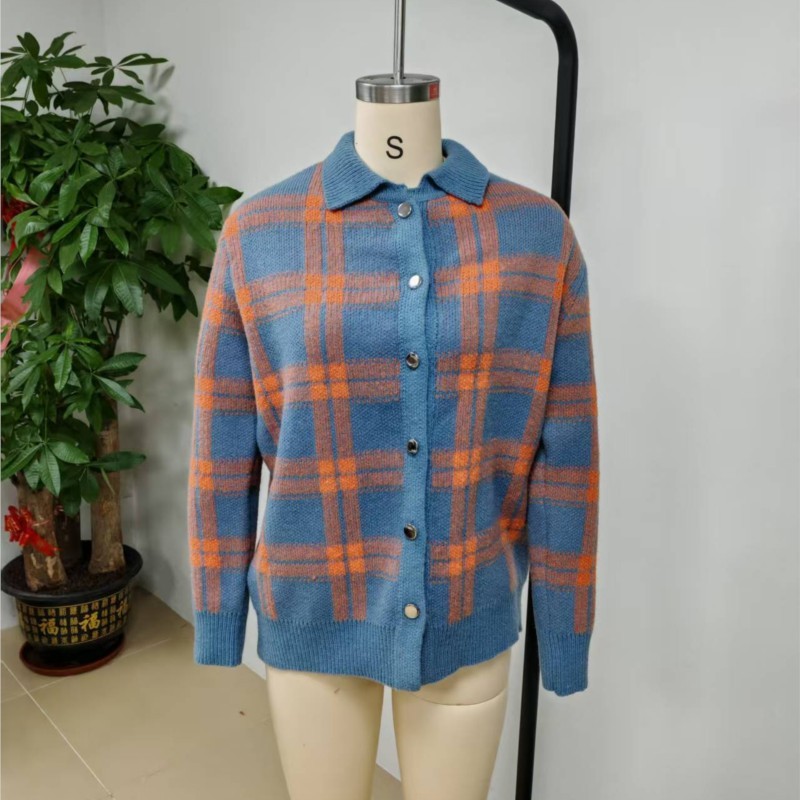 Pull décontracté pour femmes, printemps et automne, à carreaux, manches longues, col châle, pull cardigan