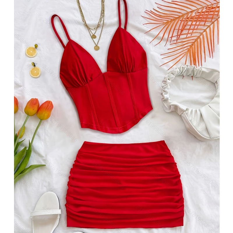 Ensemble jupe pour femme – Nouveauté été – Bretelles spaghetti – Col en V – Coupe ajustée – Mini-jupe sexy – Ensemble deux pièces – Tenues pour femmes