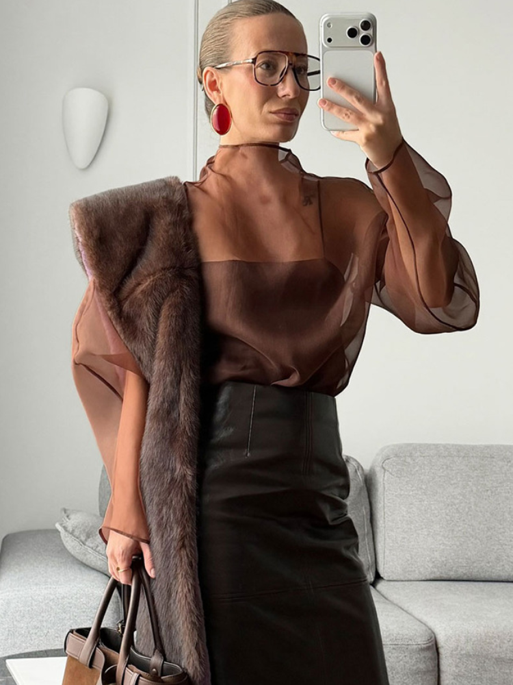 Lady Chic voir à travers la chemise courte décontracté solide col mi-haut à manches longues gaze recadrée Blouse 2026 femmes chemises de rue quotidiennes