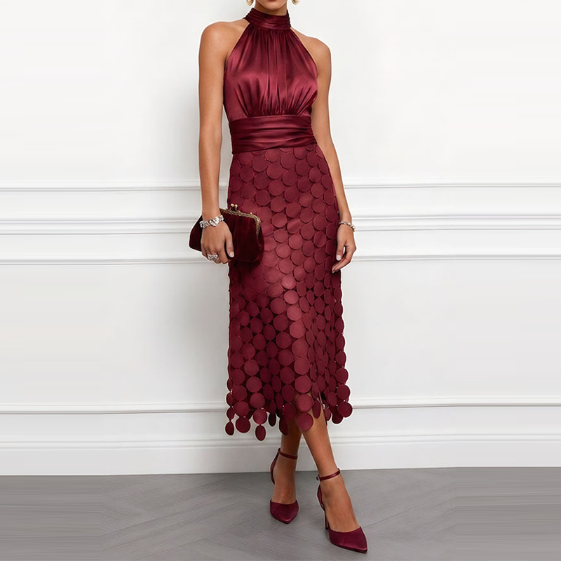 Robe longue décontractée pour femme, style patchwork, avec taille froncée, col rond, sans manches, en satin, élégante, pour banquet