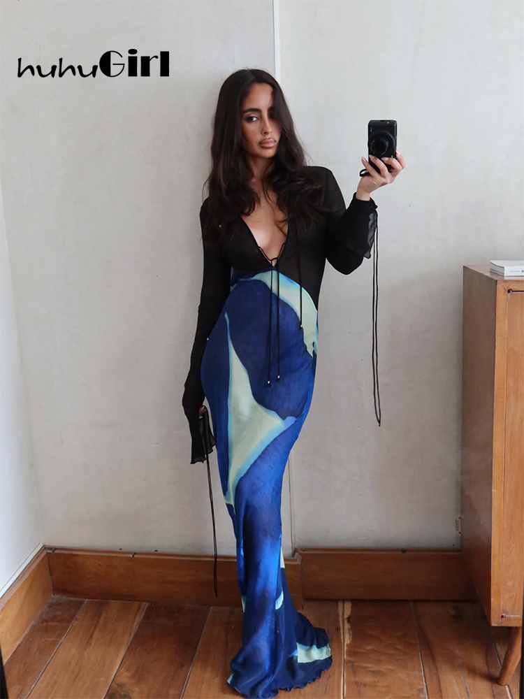 HUHUGIRL – robe longue en maille patchwork avec manches, col en v profond, style plage décontracté et sexy pour femmes, chic, mode, douce et ajustée