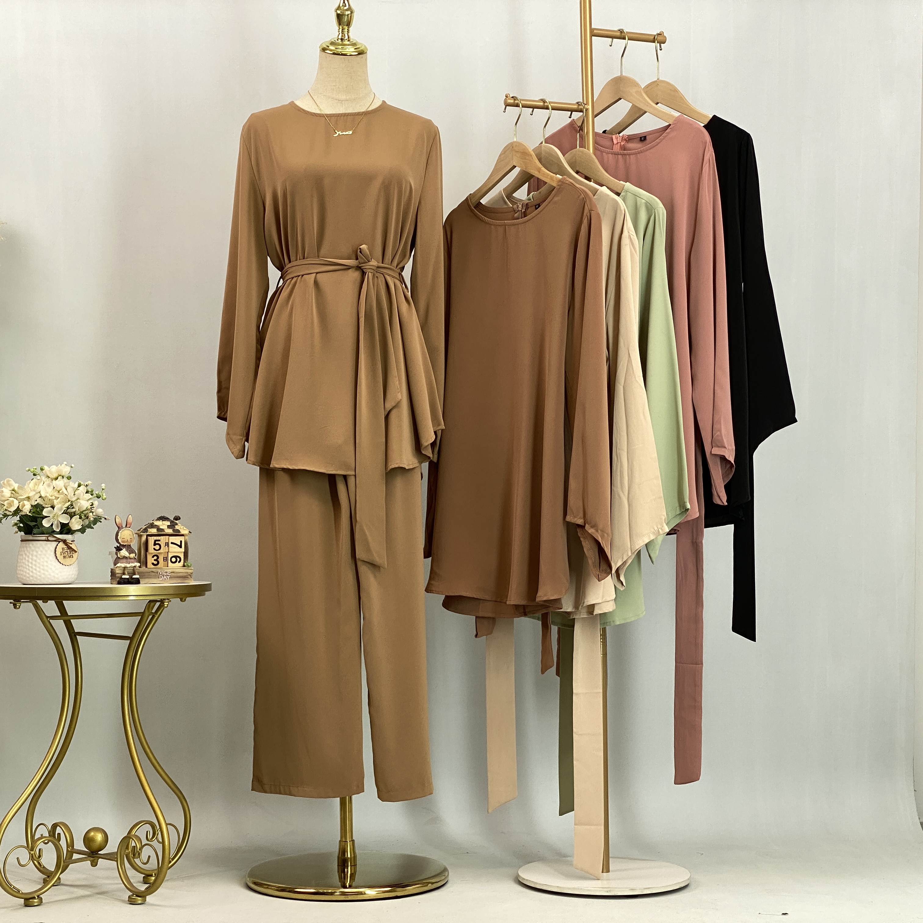 Ensemble de survêtement islamique pour femmes musulmanes, chemise à taille nouée et pantalon large, élégant, décontracté, pour tous les jours