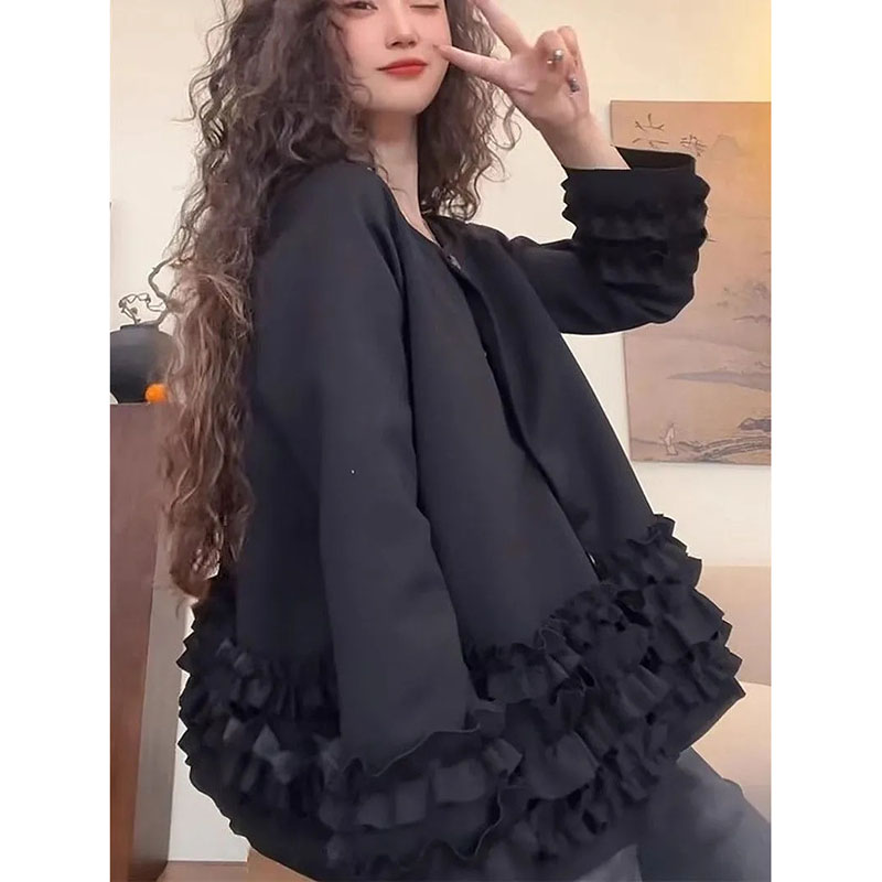 Manteau pour femme, design tendance, bordure à volants, manteau noir, idéal pour le printemps et l’automne, beau col rond, coupe ample, manches longues, vêtement d’extérieur décontracté.