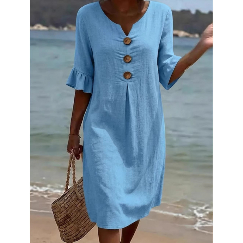 Robe en coton et lin à col en v pour femmes, nouveau style printemps-été, jupe mi-longue boutonnée sans manches, confortable, décontractée, à la mode