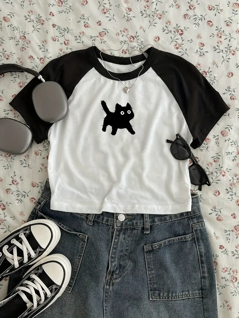 Chat mignon T-shirt imprimé haut court Sexy recadrée à manches courtes col rond T-shirt pour les femmes décontracté printemps été vêtements