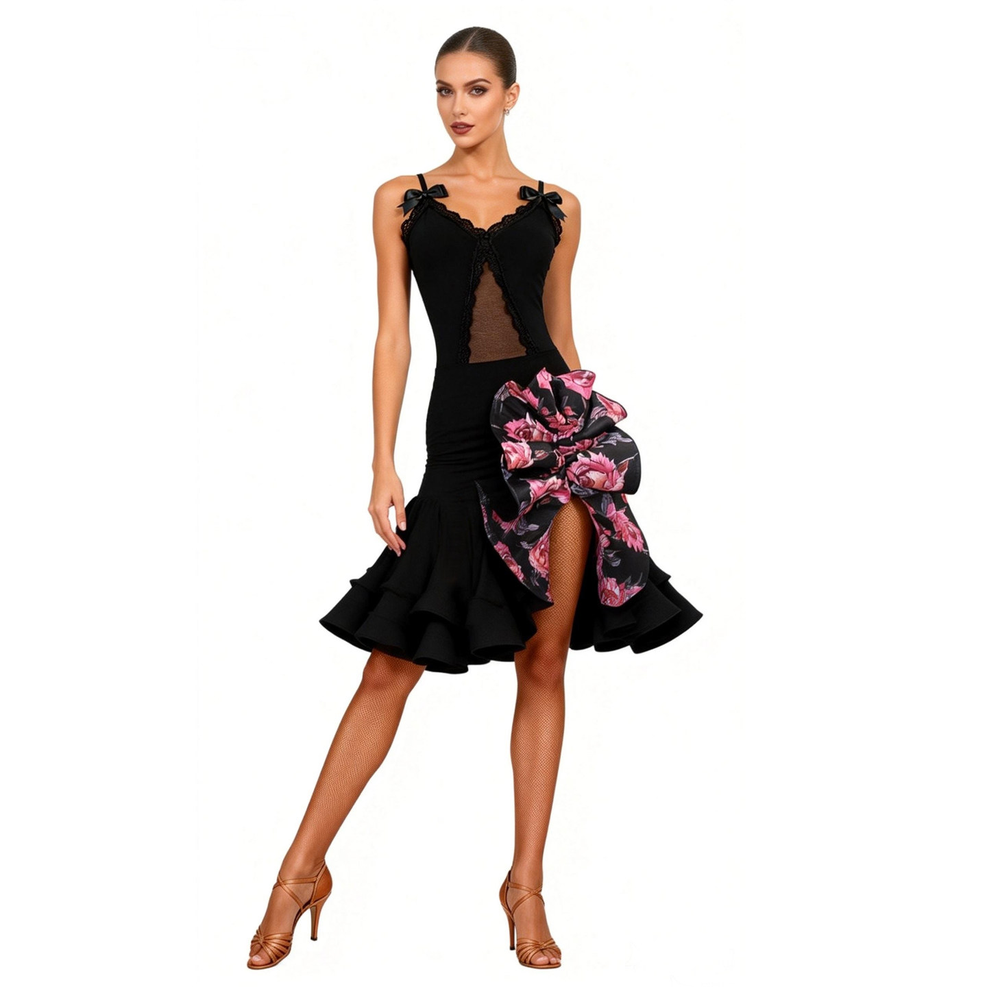 Costumes de danse latine 2026 pour femmes, hauts en dentelle avec nœud, jupe fendue à fleurs, vêtements de performance Cha Cha Rumba, robe noire NV26216