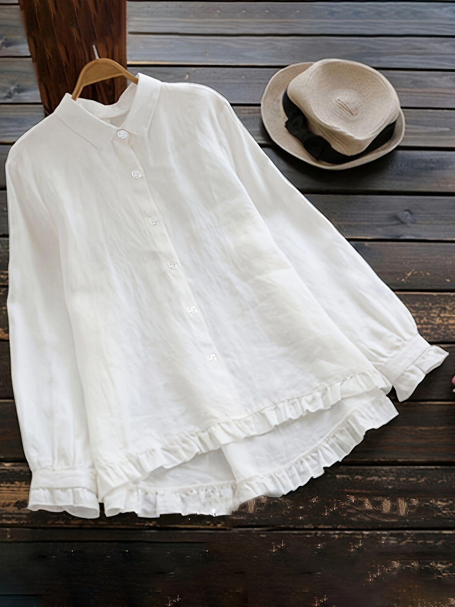 Chemisier blanc élégant à volants pour femmes, chemise à manches longues boutonnée, hauts amples décontractés vintage, vêtements décontractés pour femmes printemps automne