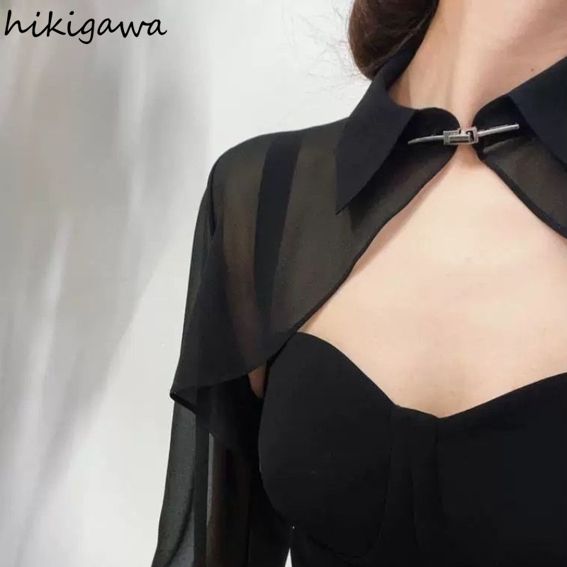 2026 Blouses Femme Tendance d'Été, Vêtements Féminins, Crop Tops, Chemises Chic Transparentes à Manches Longues, Blouse Chiffon Style Châle