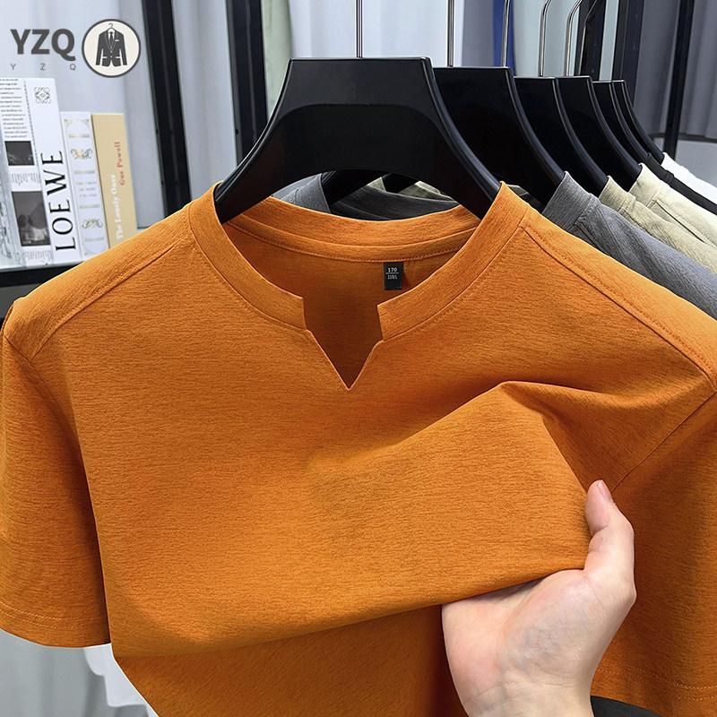 T-Shirt coréen à manches courtes et col en v pour hommes, couleur unie, décontracté, mode, confortable, polyvalent, été