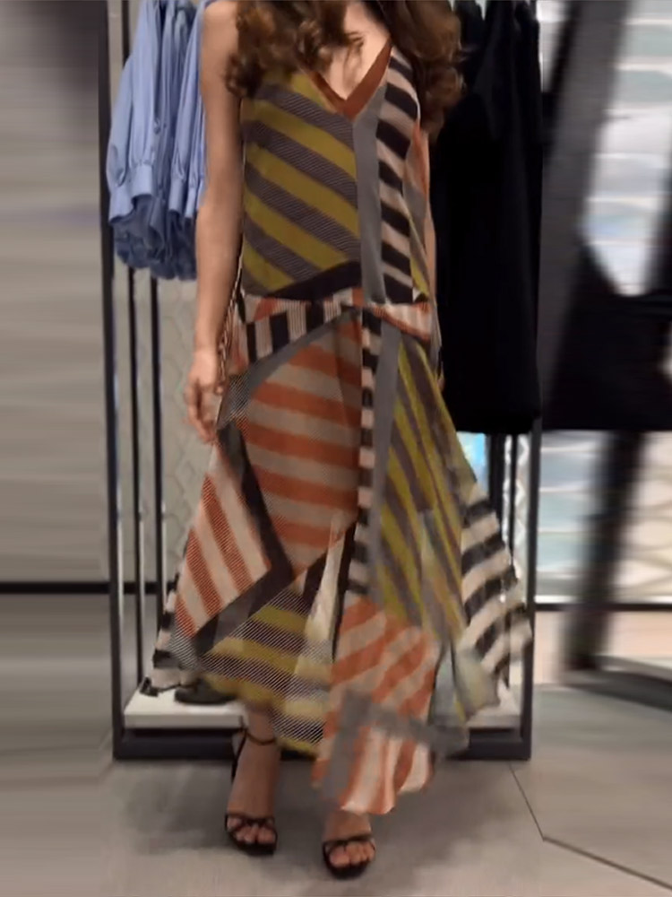 Robe longue décontractée pour femme, imprimée patchwork, coupe ample, ourlet irrégulier, sans manches, collection Printemps-Été 2026, idéale pour les vacances