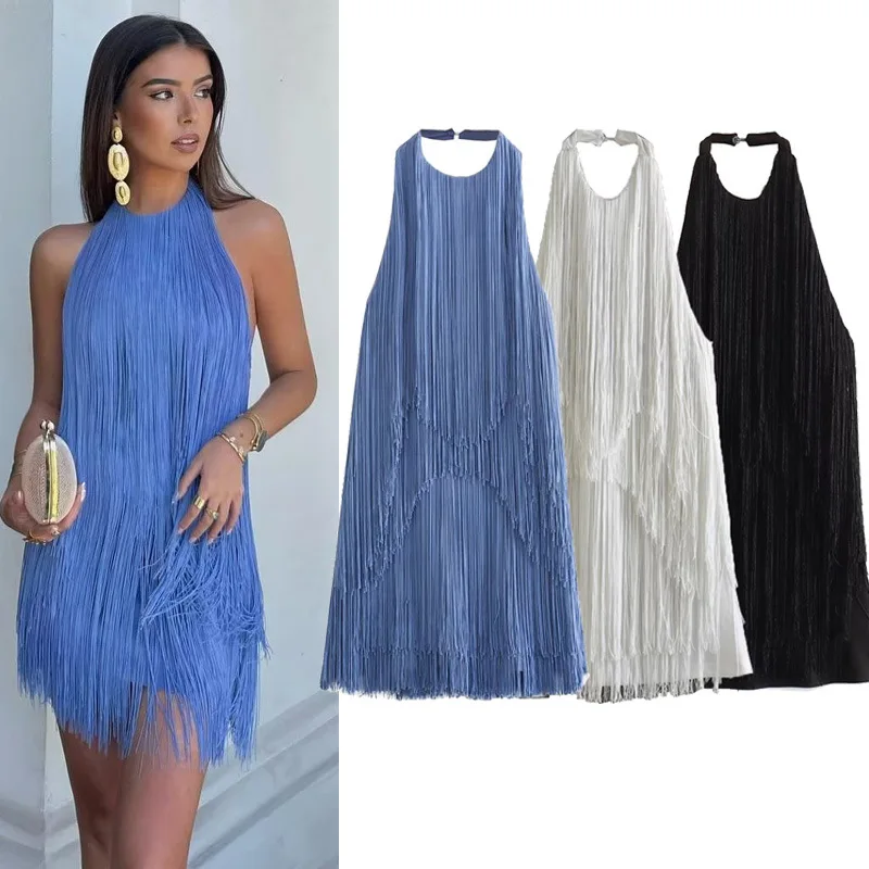 Robes pour femmes Sexy solide col suspendu fronde dos nu gland Mnin robe d'été Chic dames rétro robe de soirée robe 2025 nouveau