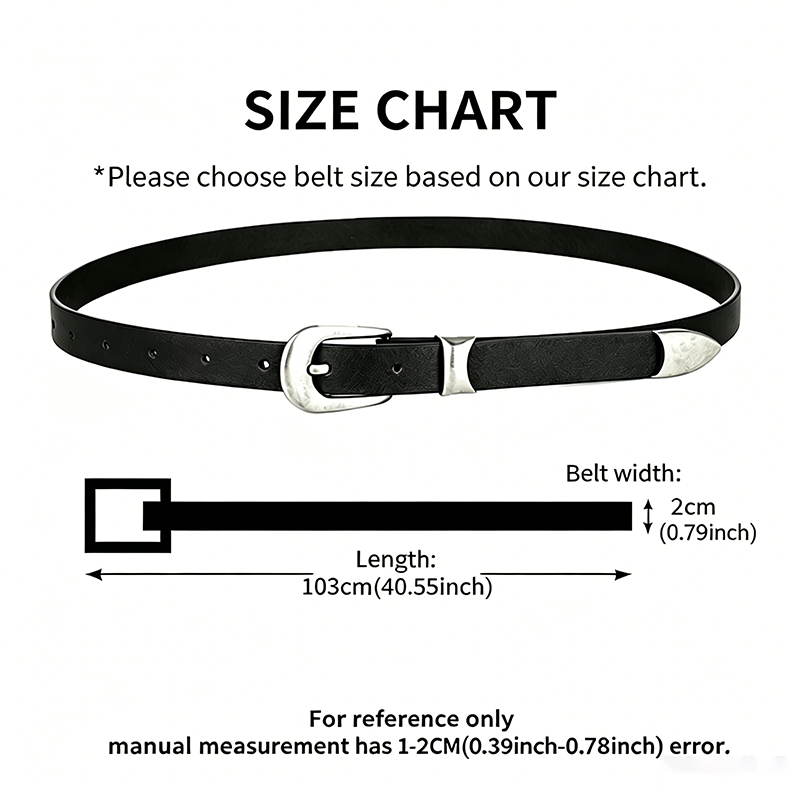 Ceinture noire classique pour femme avec boucle ardillon argentée, style vintage pour jeans, robes et tenues décontractées, accessoire de mode durable