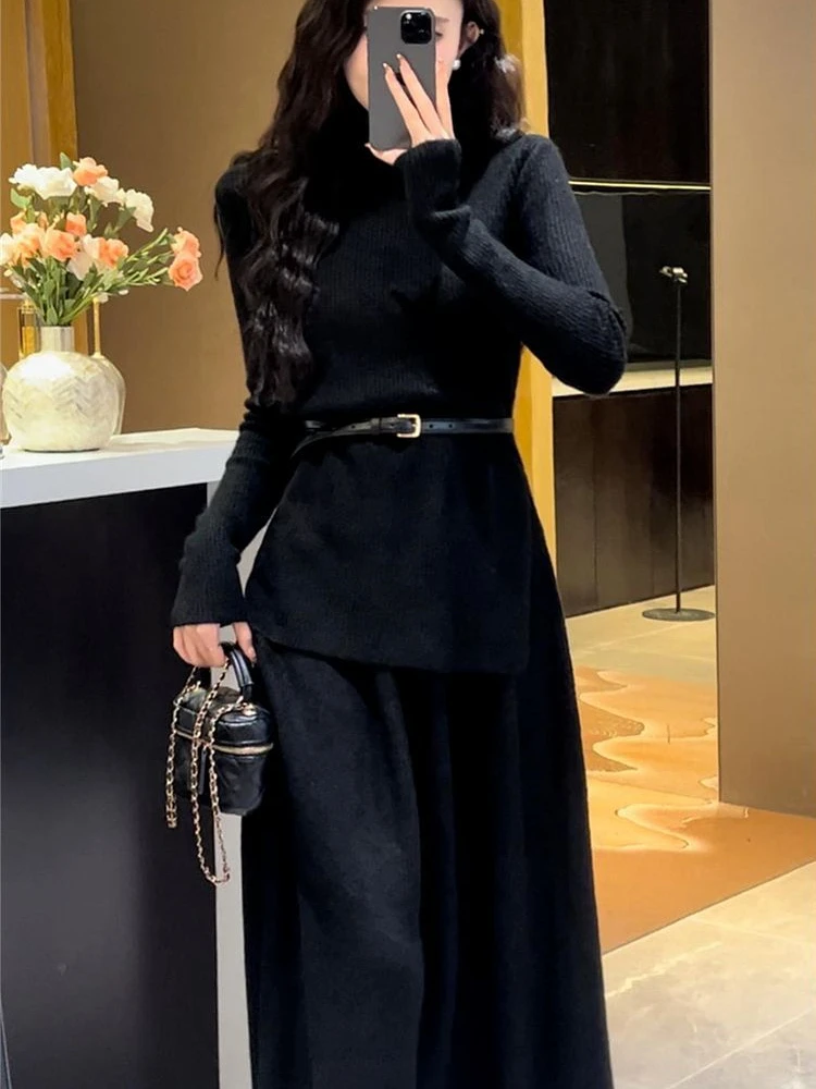 Ensembles de jupes à col haut pour femmes, pull à manches longues paresseux, jupes longues, olympiques chics design, vêtements de bureau pour femmes, 2 pièces