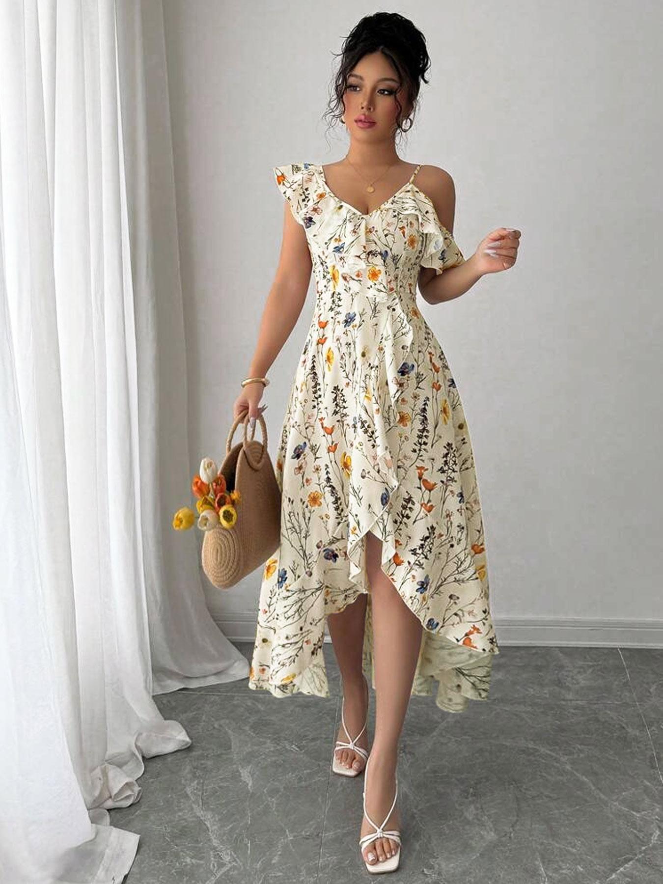 Robe à imprimé floral pour femmes, design irrégulier, style ajusté décontracté, parfaite pour les vacances et les rendez-vous, vêtements de mode pour femmes