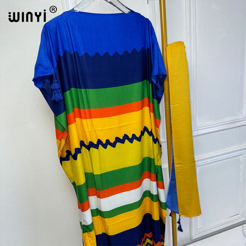 WINYI-Robe Dashiki bohème pour femmes africaines, imprimé musulman, dubaï, taille libre, design avec écharpe, maxi adt, robe élégante africaine, nouvelle collection 2024