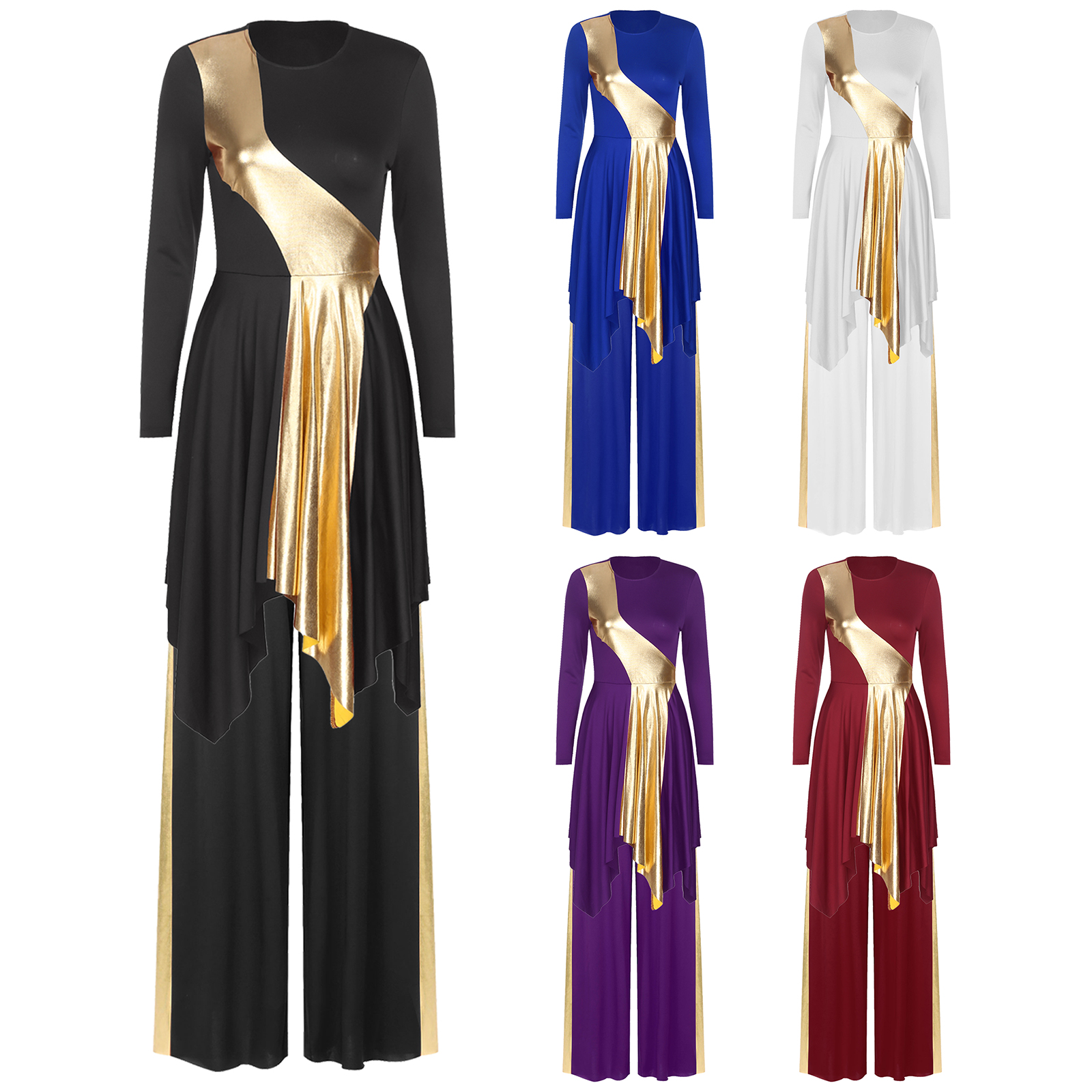 Tenue de danse de culte pour femmes, bloc de couleur métallique, robe de danse d'éloges + pantalon ample, vêtements de danse liturgiques pour spectacle de chorale d'église