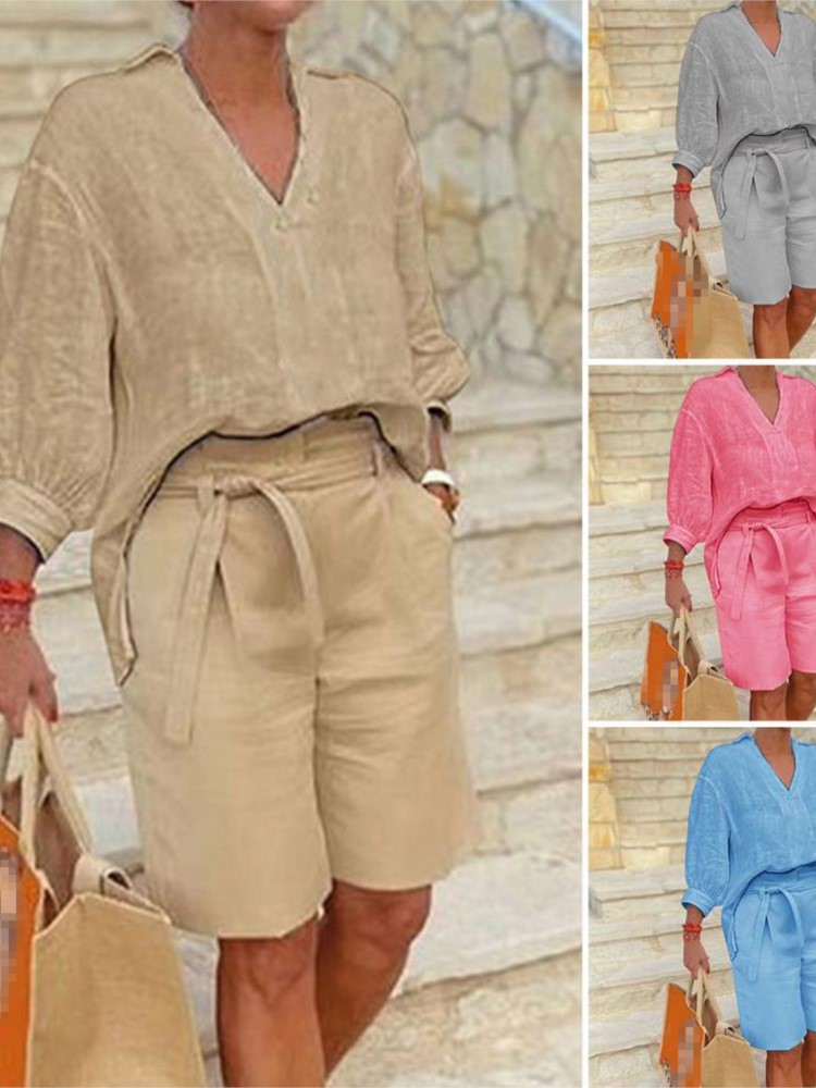 Ensemble Deux Pièces Élégant pour Femme, Chemise Décontractée à Demi Manches, Col en V, Short avec Ceinture de Poche, Tenues d'Été en Coton et Lin