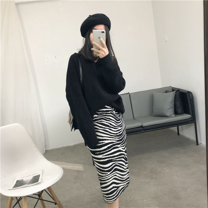 Jupe droite taille haute à motif zèbre pour femme, style coréen, double couche, fente sur les hanches, automne et hiver