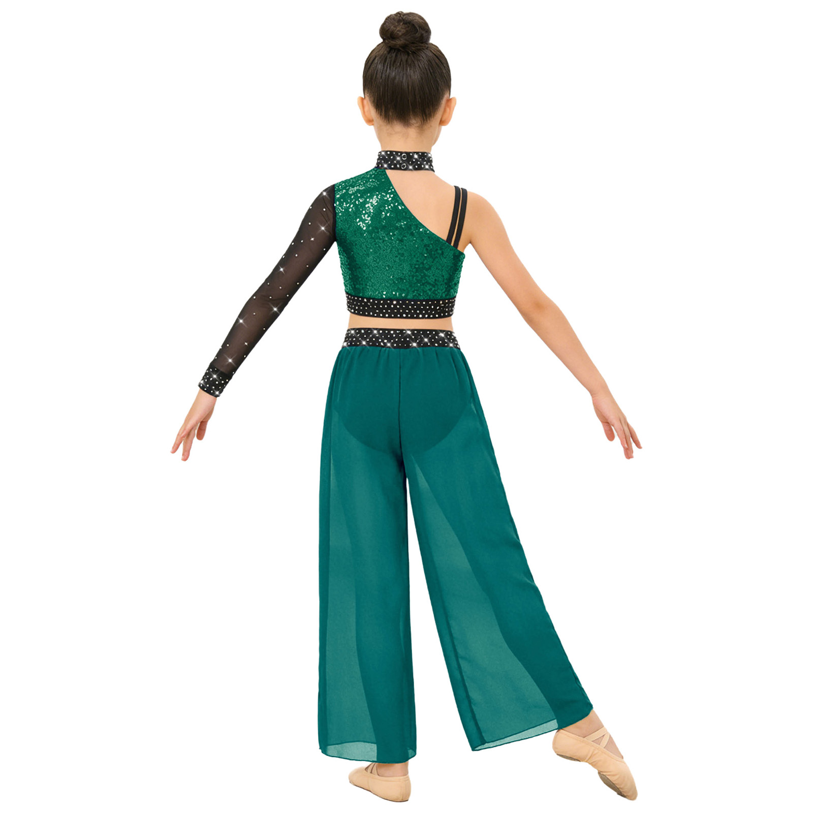 Tenue de danse lyrique moderne pour filles, haut court brillant avec pantalon en mousseline fendu, costume de patinage artistique, gymnastique et acrobaties