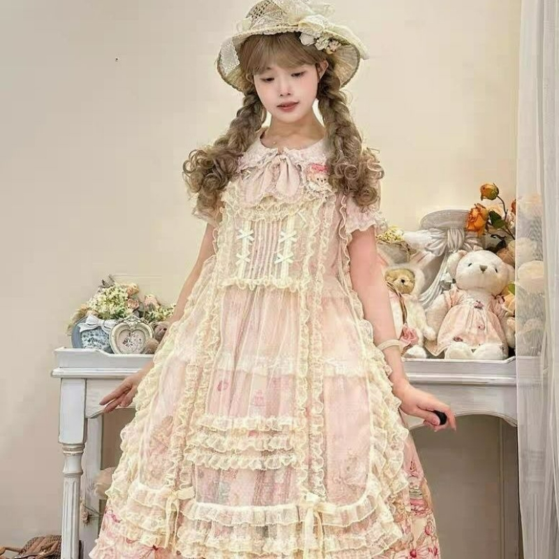 Robe de style japonais pour femmes, style Kawaii, avec nœud, col carré, en maille, à volants, robe cache-cœur, pour filles, style Y2K, mignonne, sans manches, Lolita, Smock