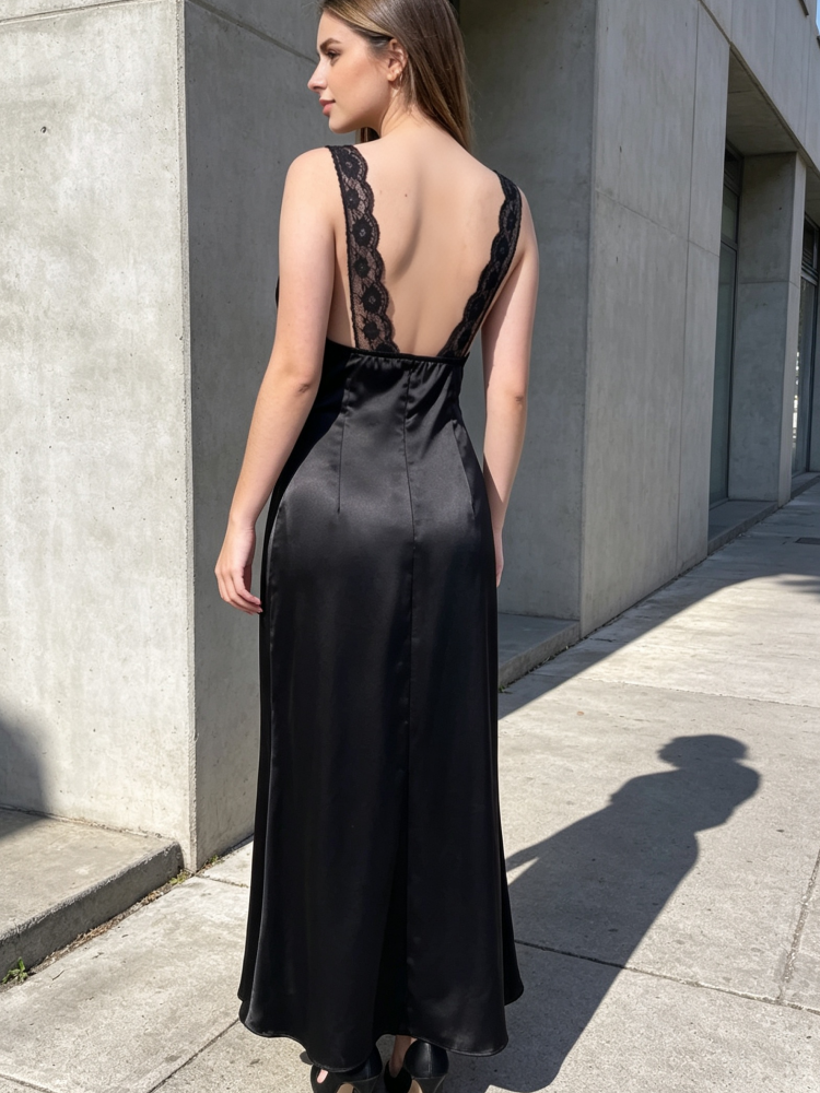Robe longue en satin pour femmes, avec découpes en dentelle, col en V, sans manches, dos nu, moulante, noire, élégante, pour soirées et fêtes.