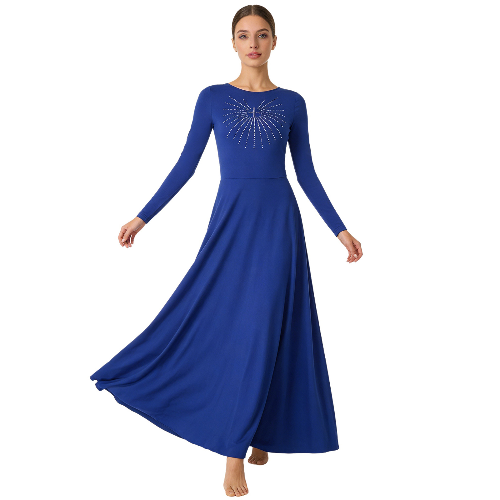 Robe de danse liturgique pour femmes, robe longue à manches longues avec strass, robe tunique pour événements, prière, église, chorale, culte