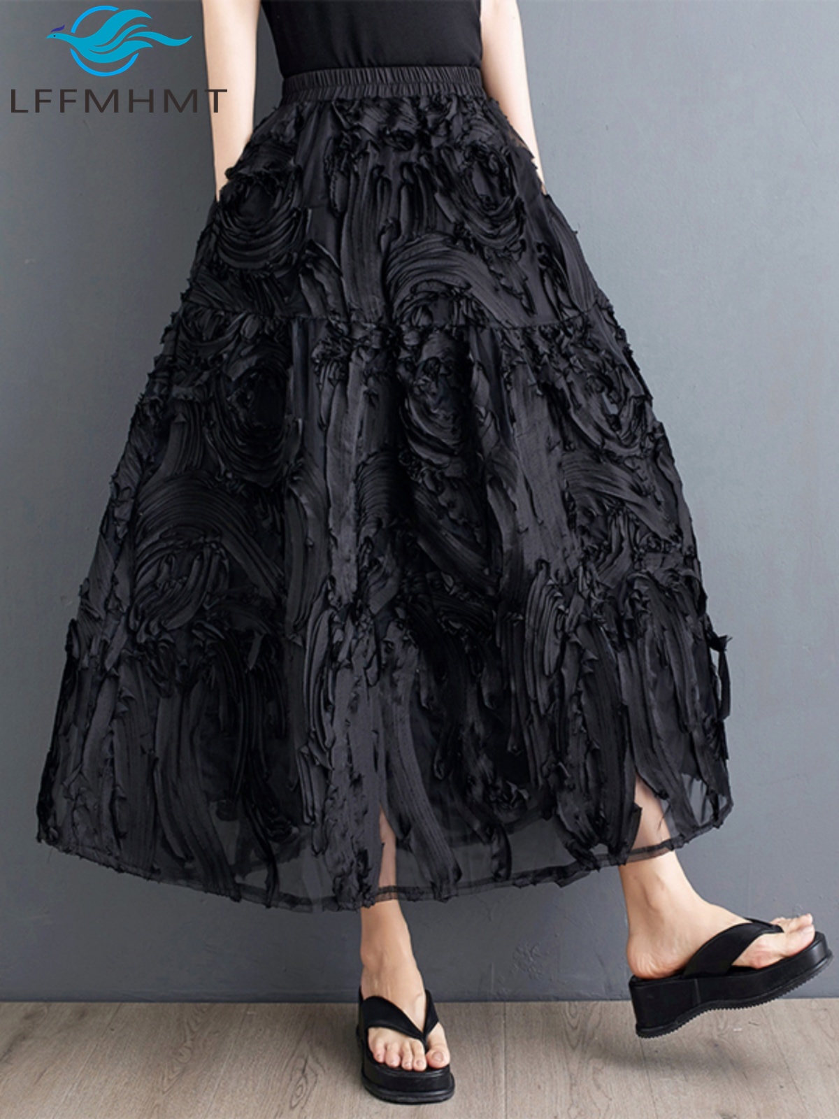 Jupe noire pour femmes, mode d'été, lourd, Design Chic, plissée, ligne a, facile à assortir, taille élastique, jupe créative