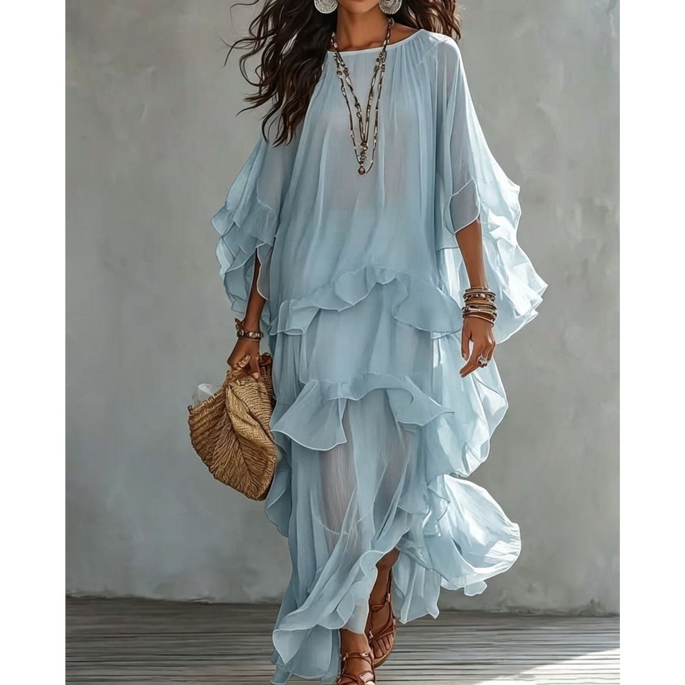 Robe longue d'été bohème en mousseline pour femme, col rond, manches chauve-souris, à volants superposés, ample et fluide, idéale comme robe de plage ou de vacances.