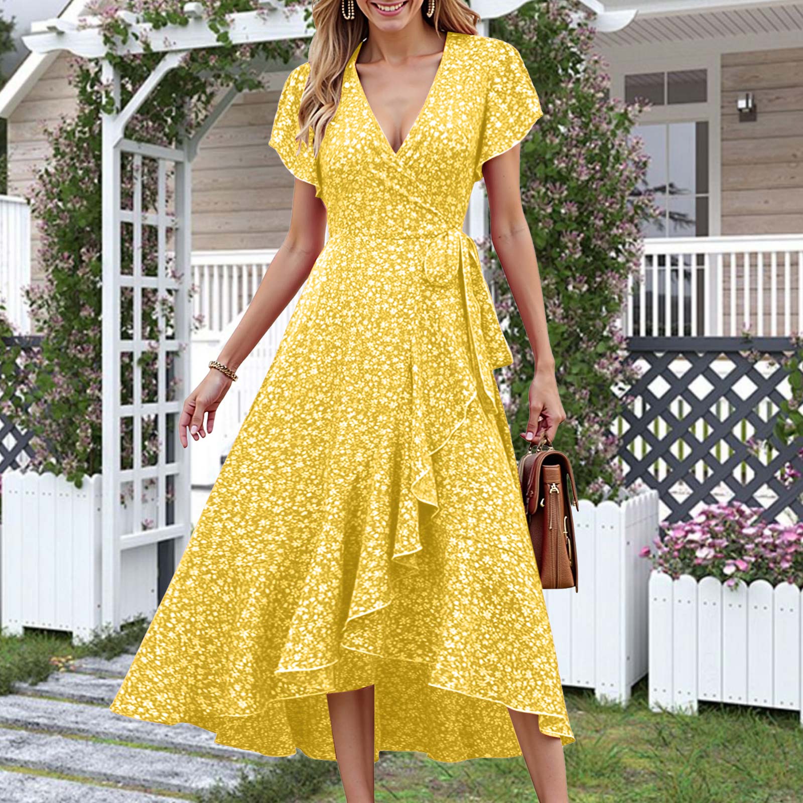 Robes d'été bohèmes pour femmes, imprimé floral, ourlet à volants, robe longue irrégulière, col en V, à lacets, taille haute, manches courtes, robe décontractée