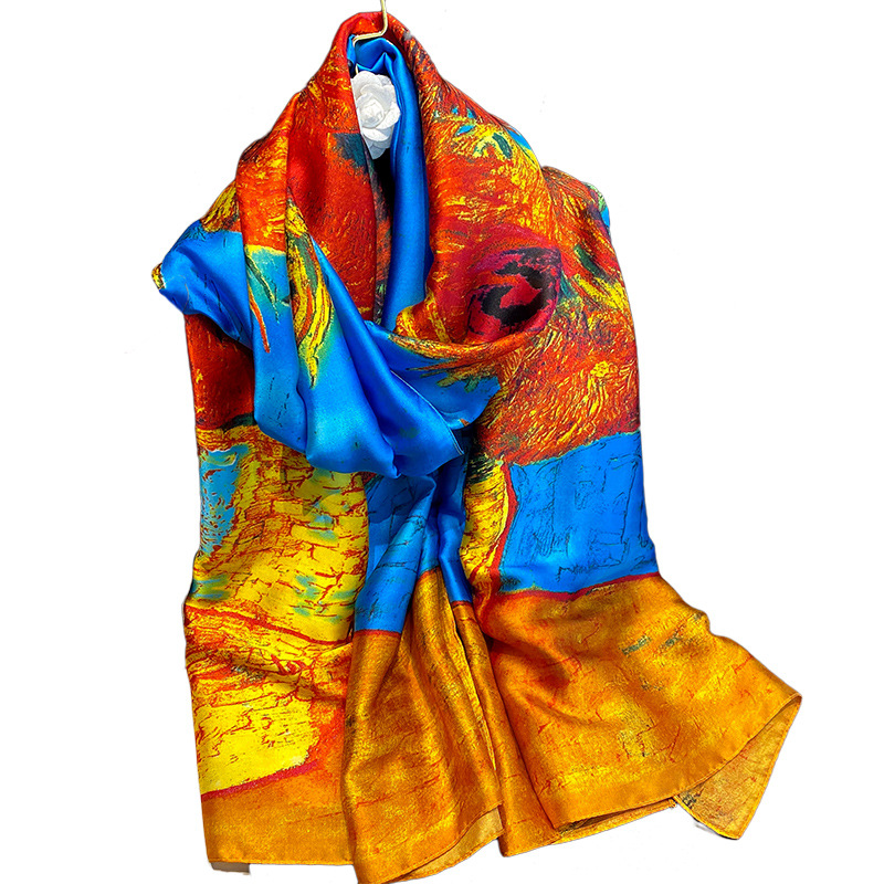 Van Gogh – écharpe en soie pour femmes, marque de luxe, imprimé tournesol, châle, Femme, plage, protection solaire, longue écharpe Hijab, été
