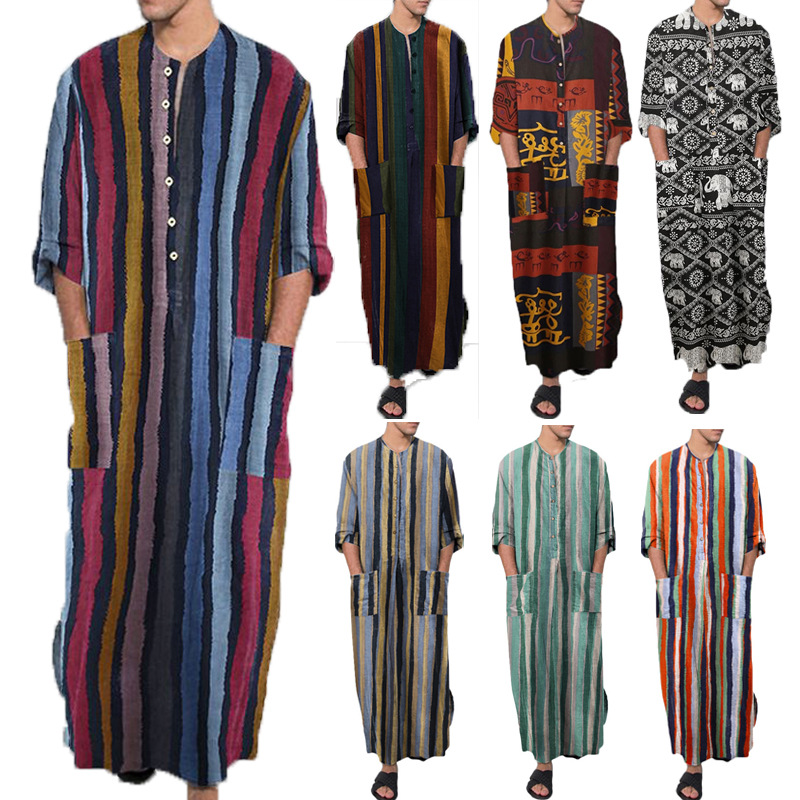 Robe musulmane islamique pour hommes, couleur unie, manches courtes, classique, imprimé à rayures, Style ethnique arabe de dubaï, Robe formelle décontractée, nouvelle collection
