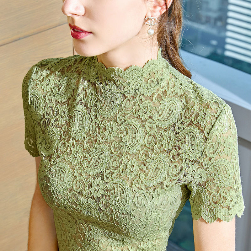 Haut en dentelle à manches courtes pour femmes, T-shirt à bord ondulé creux, col mi-haut, fond intérieur et extérieur, sexy, printemps et été, nouveau