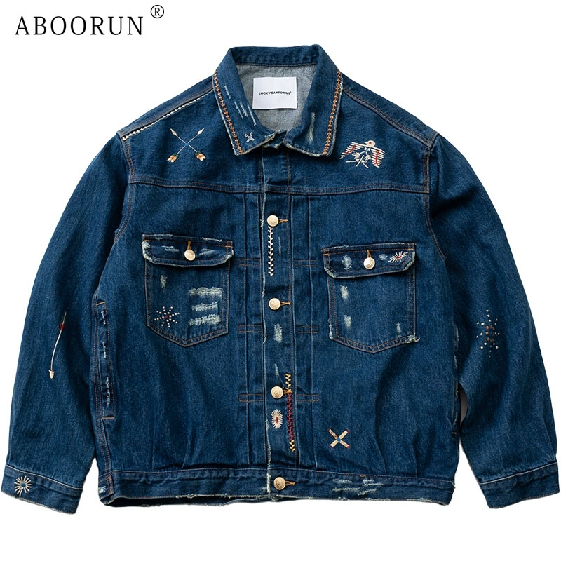 ABOORUN-Veste en Jean Déchiré Brodé pour Homme, Combinaison en Denim, Mode