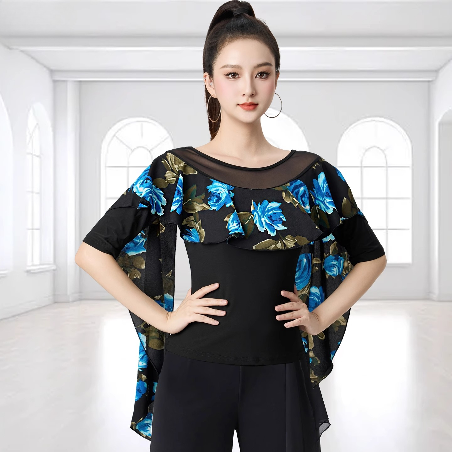 Vêtements de danse pour femmes, hauts d'été imprimés, ligne latine, Costume de danse, nouveaux produits, danse de salle de bal, vêtements d'entraînement pour femmes, noir