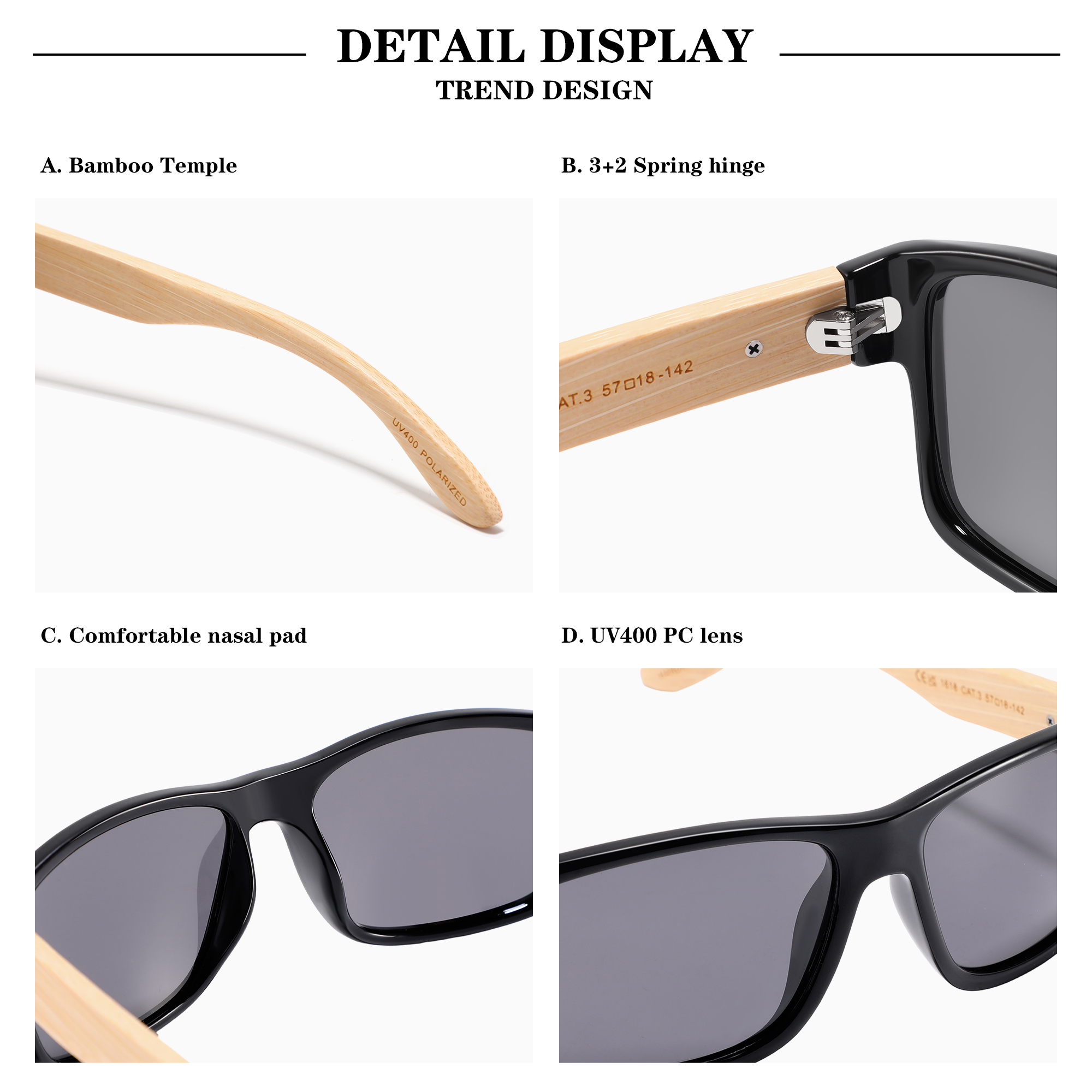 Lunettes de soleil en bambou écologiques pour un style de vie en plein air, polarisées UV400, décontractées, pour les voyages, la plage, unisexes, légères