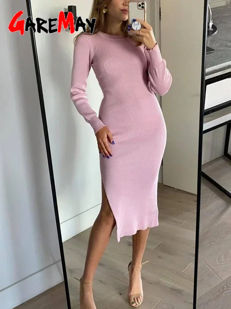 Robe noire moulante à manches longues pour femmes, avec fentes latérales, pour automne et hiver, 2025