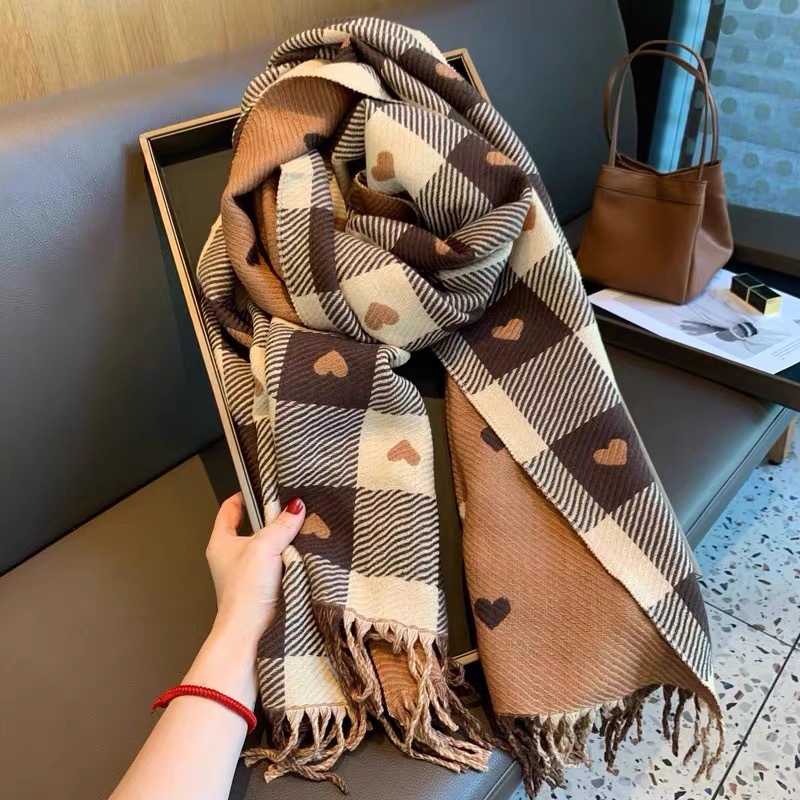 1 écharpe à motifs de cœur pour femmes, écharpe confortable à carreaux pour femmes, écharpe châle épaisse et grande couverture, automne et hiver