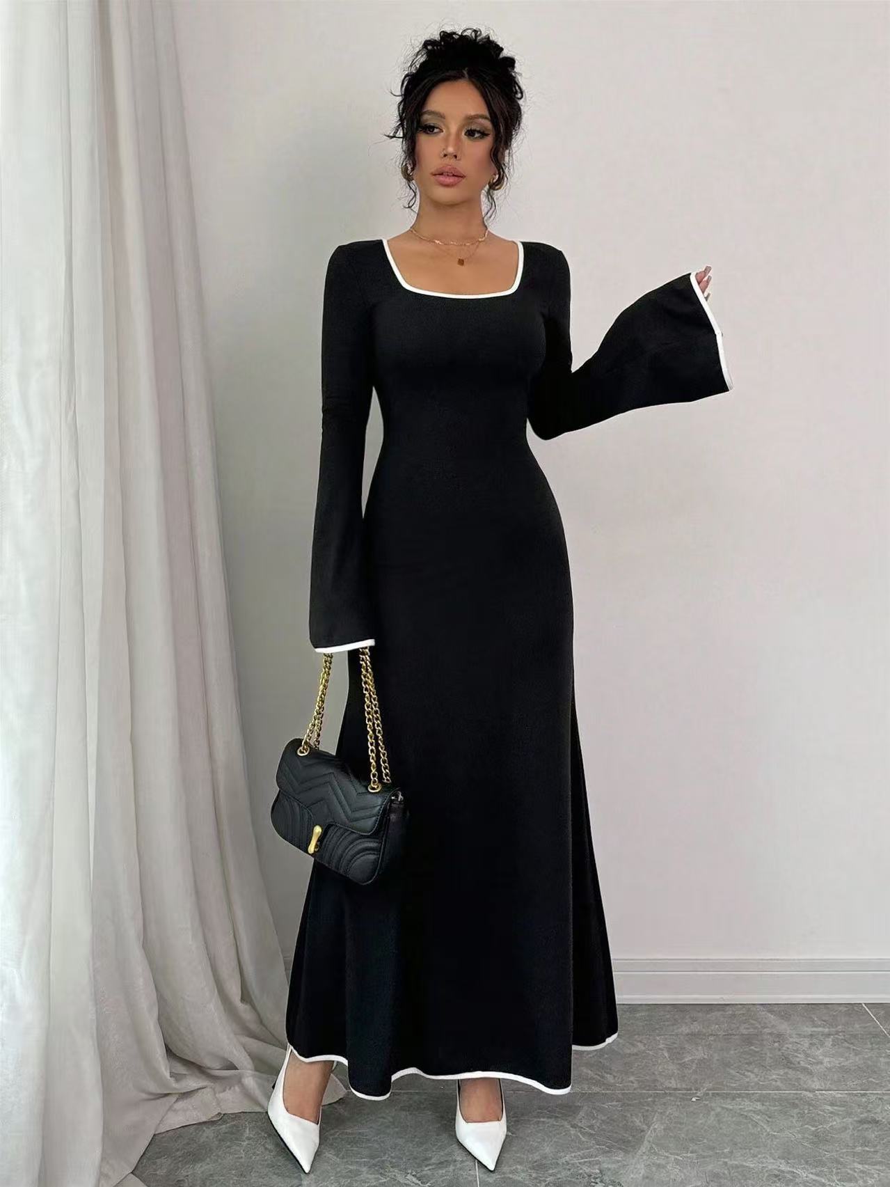 Robe à manches longues et col carré pour femme, couleur contrastée