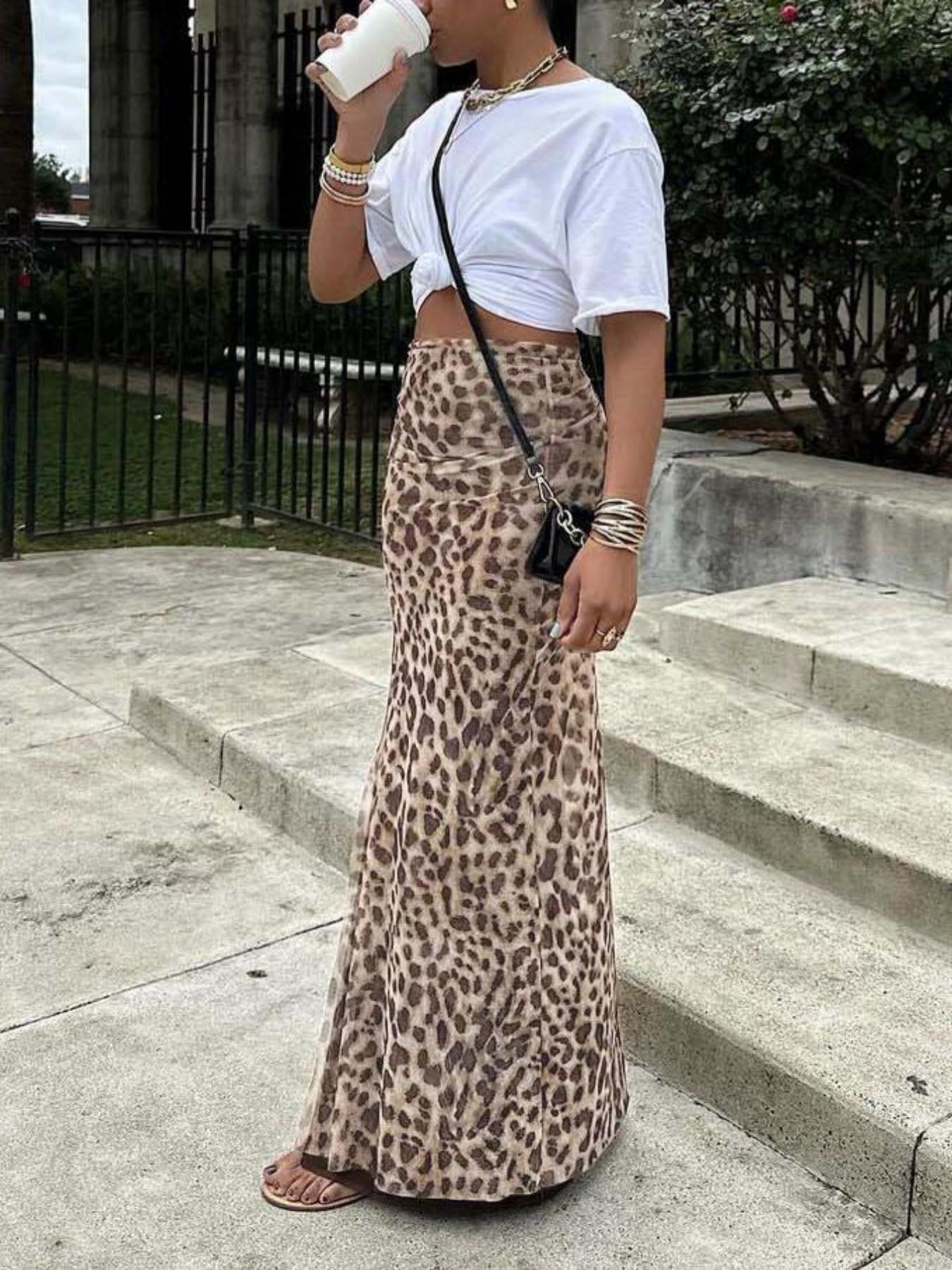 Jupe longue en maille imprimé léopard taille haute pour femme, coupe ajustée en H, design fendu, bas de tenue polyvalent et tendance