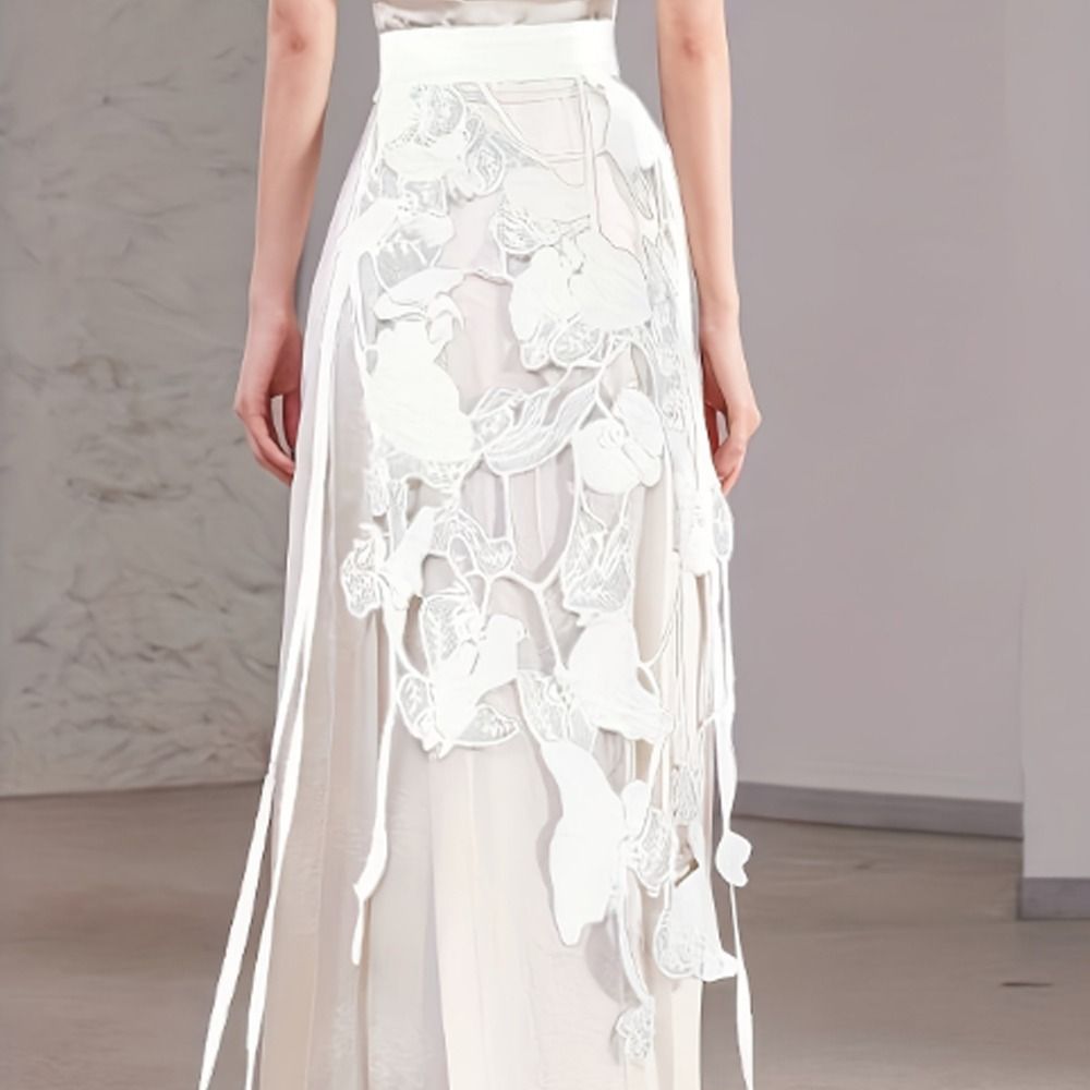 Jupe midi taille haute en dentelle avec fente latérale irrégulière, motif floral ajouré, franges et ceinture en dentelle, style Y2K Streetwear Harajuku