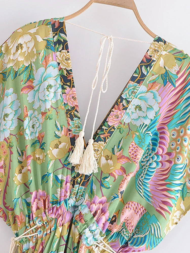 Boho Queens Women Peacock Floral Print Bat Sleeve Beach Bohemian Maxi Dresses Ladies V Neck Tassel Summer Rayon Dress