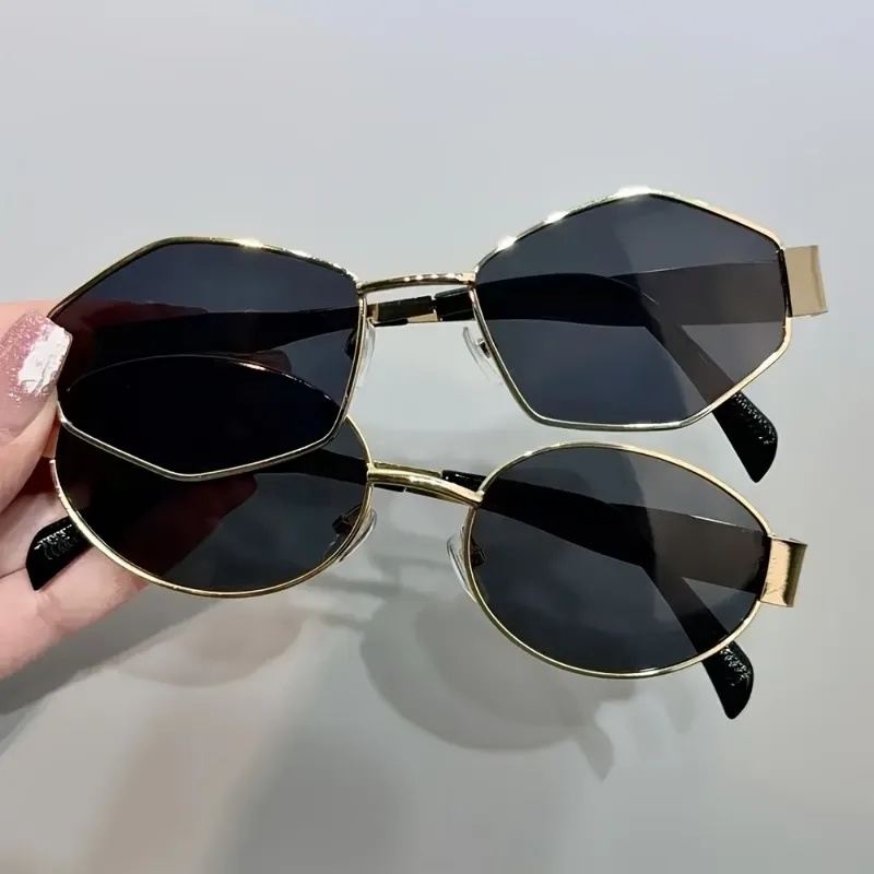 2 paires de lunettes d'été pour femmes, monture dorée rétro, design tendance, combinaison de montures polygonales et rondes