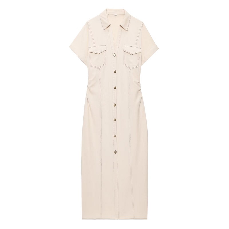 MUJER 2026 Denim robe longue femme bouton plissé robes mi-longues pour femmes à manches courtes jean robe femme printemps robes de vacances