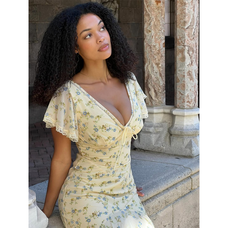 Robe longue pour femme à col en V, imprimé orange, avec ceinture et fente, sexy et chic, à volants, manches courtes, pour soirée, fête ou vacances